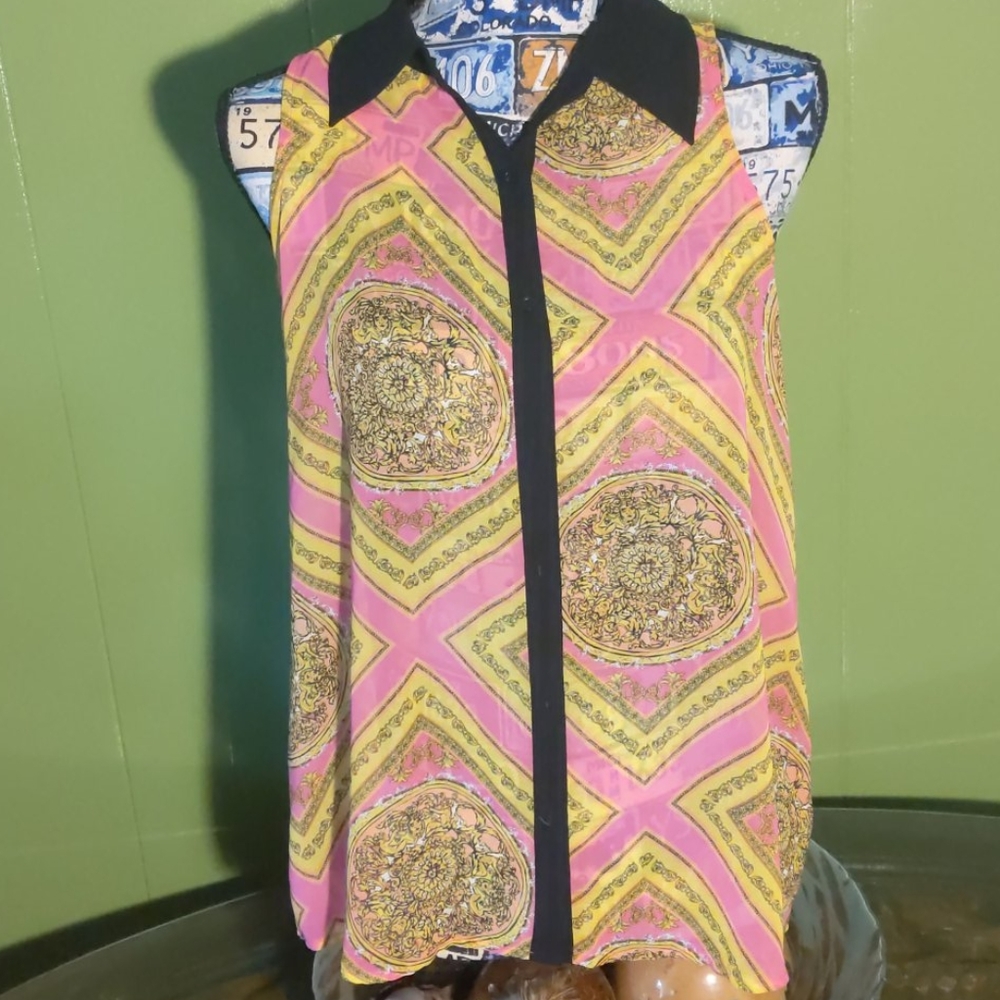 Degree large collared sheer button up top pink L